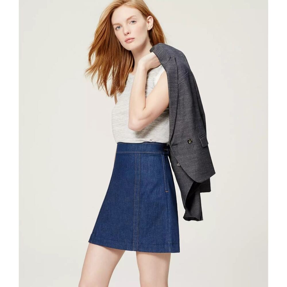 LOFT Denim Shift Skirt Blue Dark Indigo Wash High Waist Stretch Womens 29